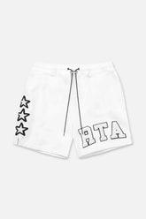RTA Clyde White Collegiate Shorts at Gravity NYC